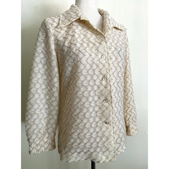 Vintage 60s 70s Marty Gutmacher Button Blouse Metallic Open Knit Size M - Picture 2 of 5
